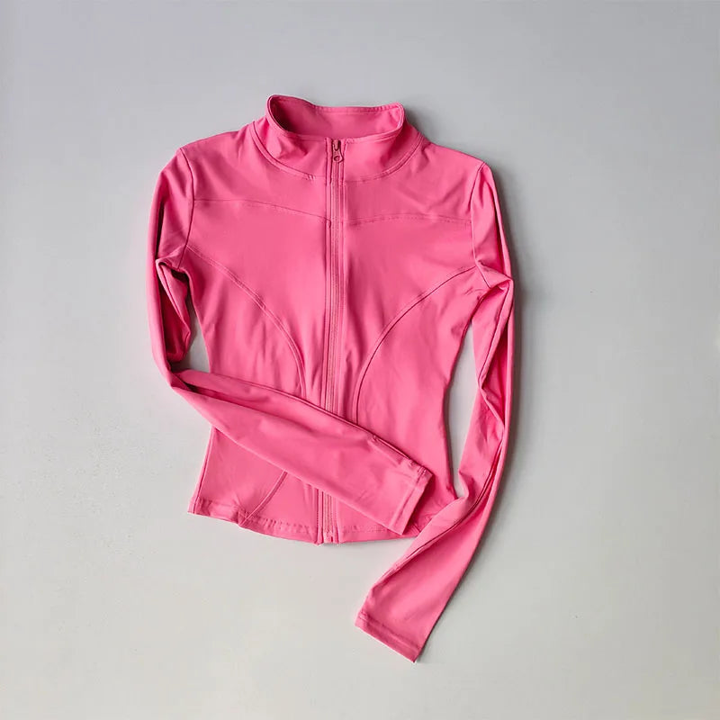 Women's Quick-Dry Zip-Up Slim Fit Yoga Jacket – Long Sleeve Stand Collar Outdoor Fitness Top
