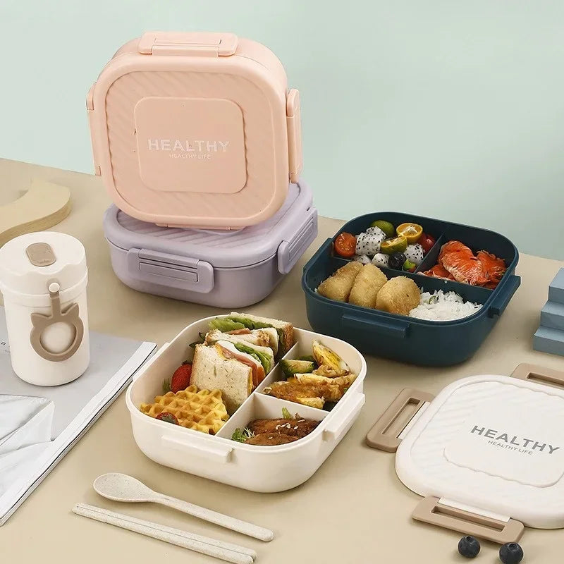 1300ml Portable Lunch Box with Tableware – Microwaveable Square Bento Box for School, Office, or Picnic