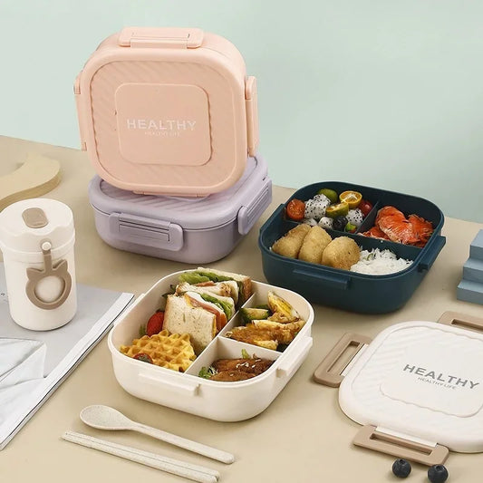 1300ml Portable Lunch Box with Tableware – Microwaveable Square Bento Box for School, Office, or Picnic