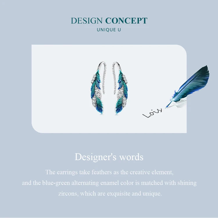 925 Sterling Silver Blue Feather Drop Earrings with CZ – Elegant Gift for Women