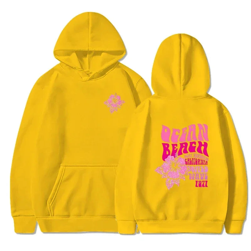 Beach Aesthetic Pink Hoodie with Ocean Flower Slogan – Casual Fleece Pullover Sweatshirt for Women