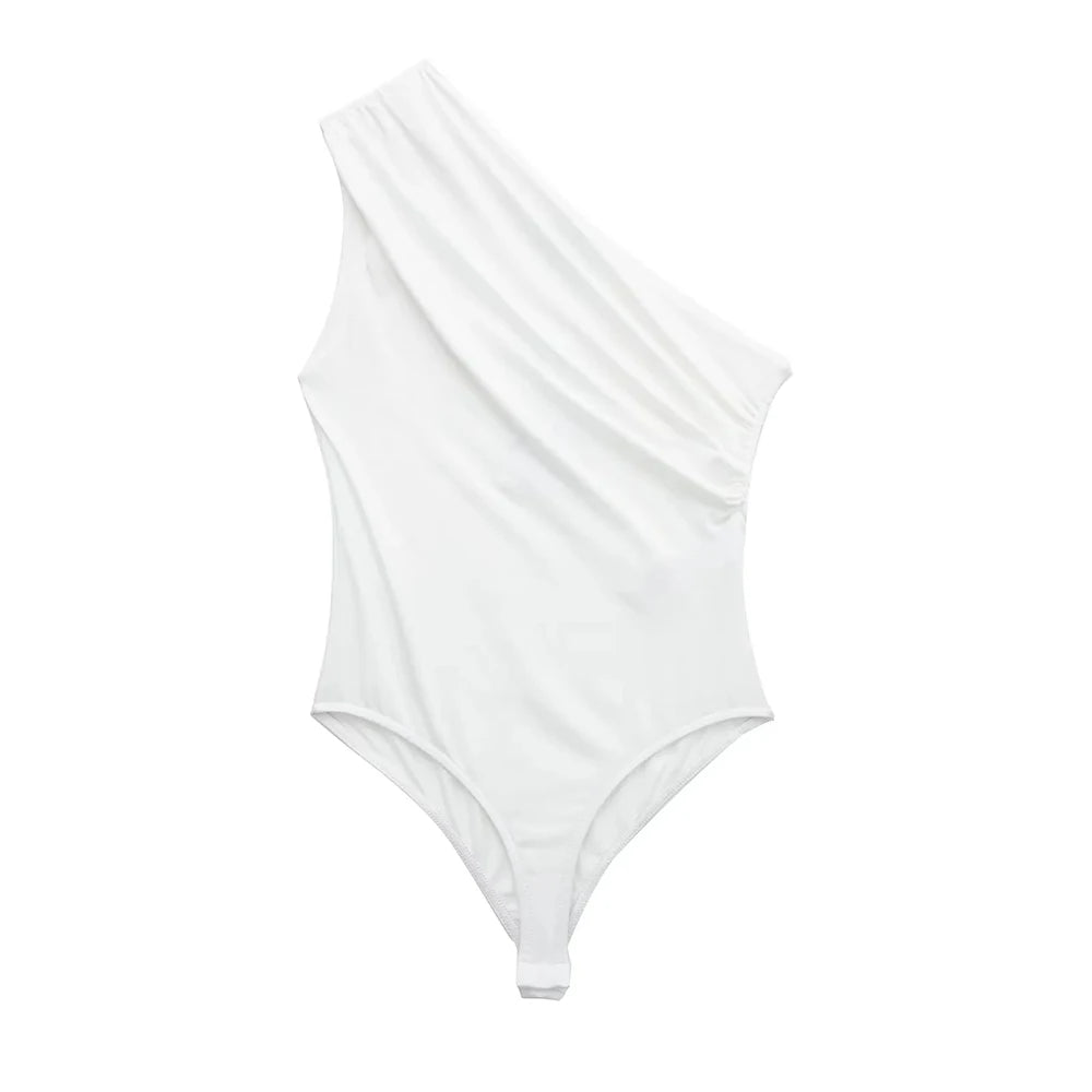 Asymmetric One-Shoulder Bodysuit with Ruched Detail and Snap Closure – Sexy Wide-Strap Clubwear for Women