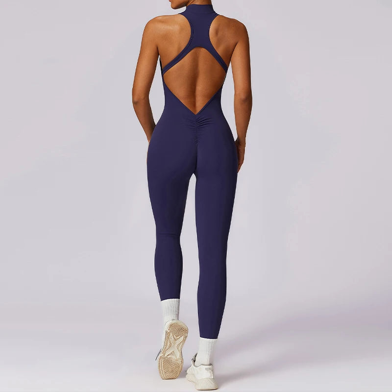 V-Back One-Piece Sports Jumpsuit for Women – Sleeveless Zipper Workout Romper for Yoga, Running & Fitness