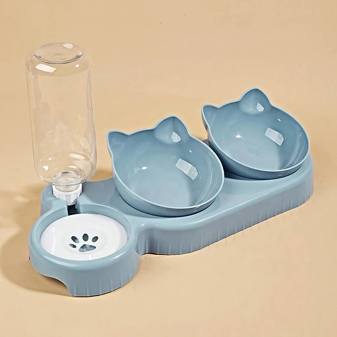 3-in-1 Tilted Cat Food and Water Bowl Set with Gravity Water Feeder – Ergonomic Raised Design for Neck Protection