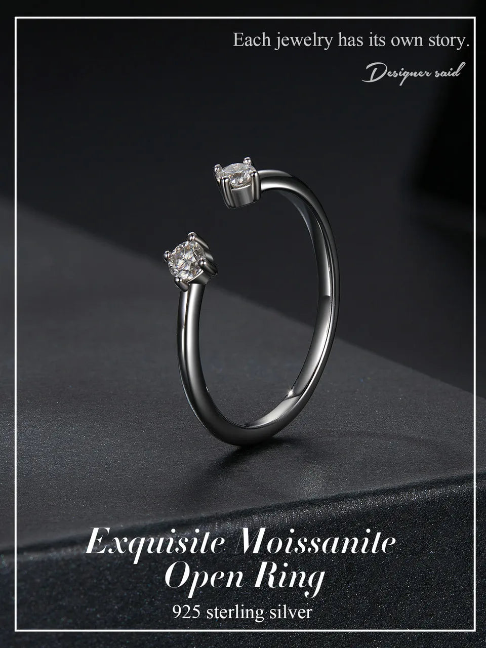 Adjustable Moissanite Open Ring – White Gold Plated 925 Sterling Silver with 0.1CT D Color VVS1 Stone for Women