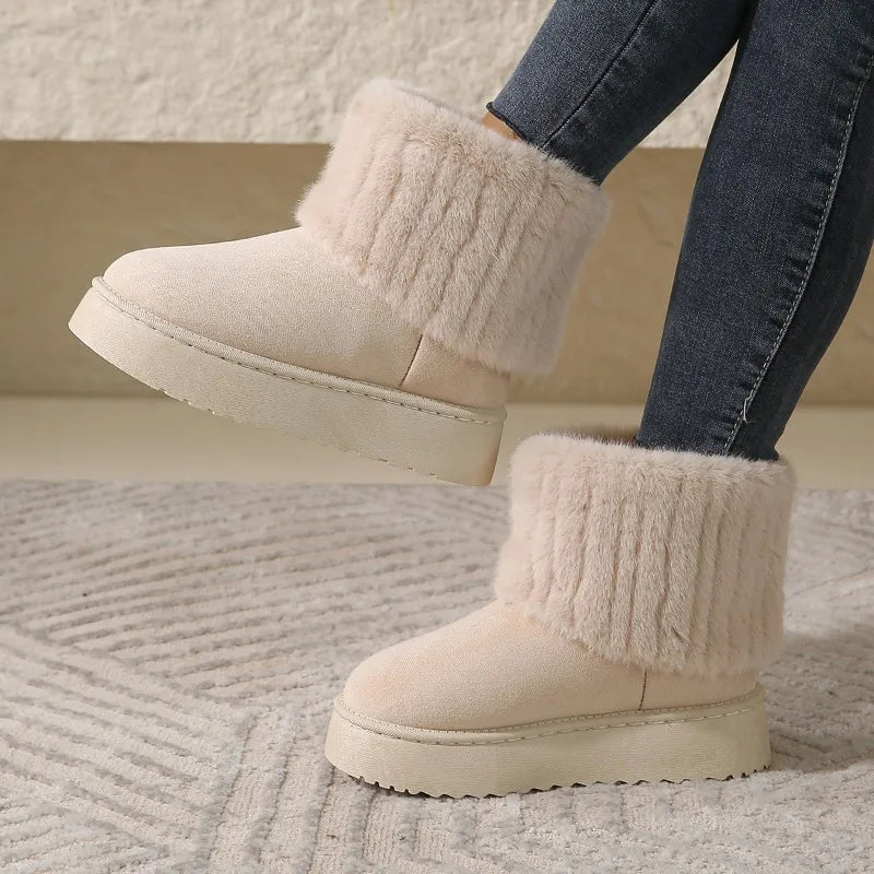 Women's Waterproof Winter Snow Boots – Black Round Toe Flock Mid-Heel Ankle Boots with Plush Lining