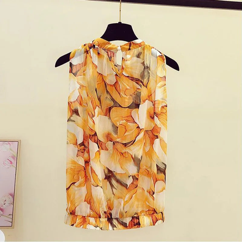 Women's Sleeveless Loose Fit Floral Chiffon Blouse – Orange Print O-Neck Pullover Top for Spring and Summer