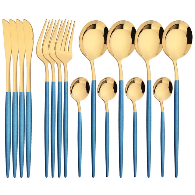 16Pcs Green and Gold Stainless Steel Dinnerware Set – Elegant Flatware Cutlery with Knife, Fork, Spoon, and Teaspoon