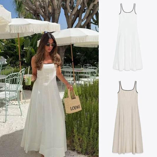 Contrast Trim Sleeveless A-Line Midi Dress with Elegant Tank Top Design