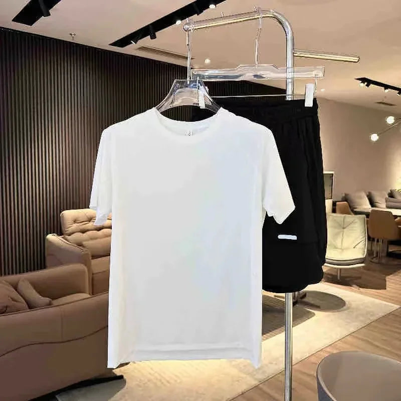 Summer Men's Ice Silk Two-Piece Set – Breathable Perforated Short Sleeve Top and Quick-Dry Shorts for Sports and Leisure