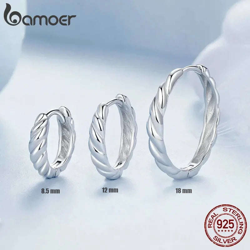 Sterling Silver Twisted Rope Huggie Hoop Earrings – White Gold Plated Lightweight Hypoallergenic Design