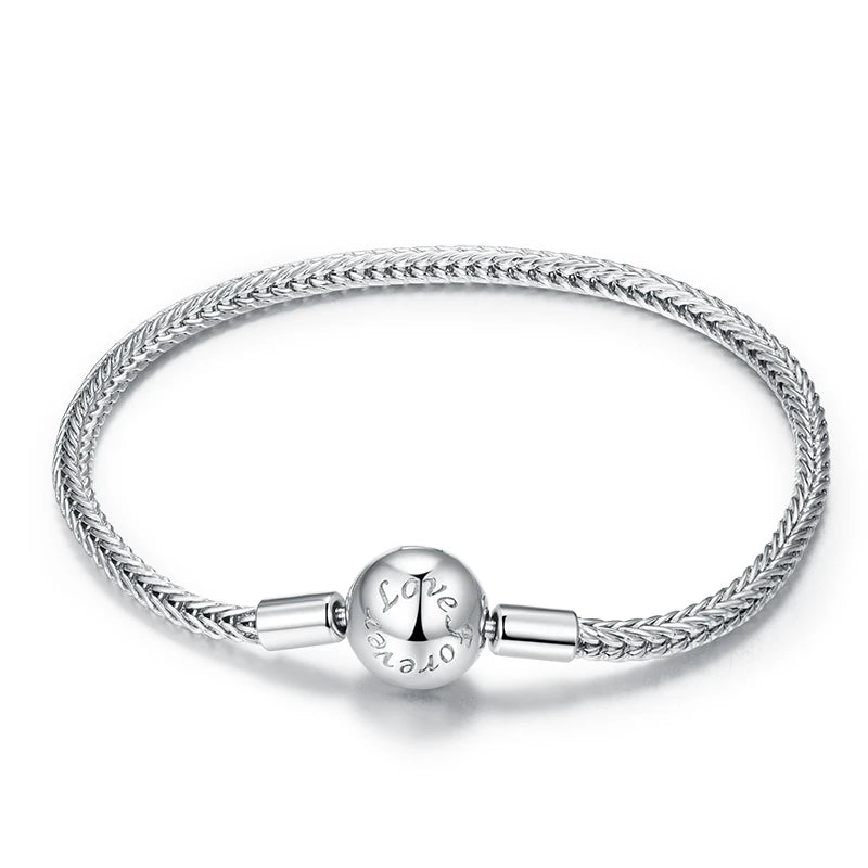 925 Sterling Silver Rose Buckle Snake Chain Bracelet with Zircon – DIY Charm Bracelet for Women