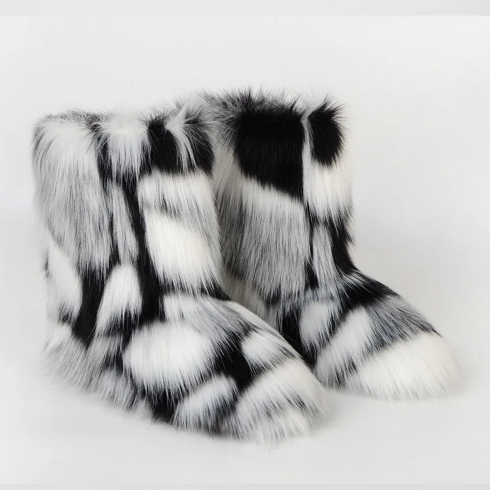 Women's Faux Fur Winter Snow Boots – Mid-Calf Plush Furry Slip-On Boots with Warm Lining and Rubber Sole