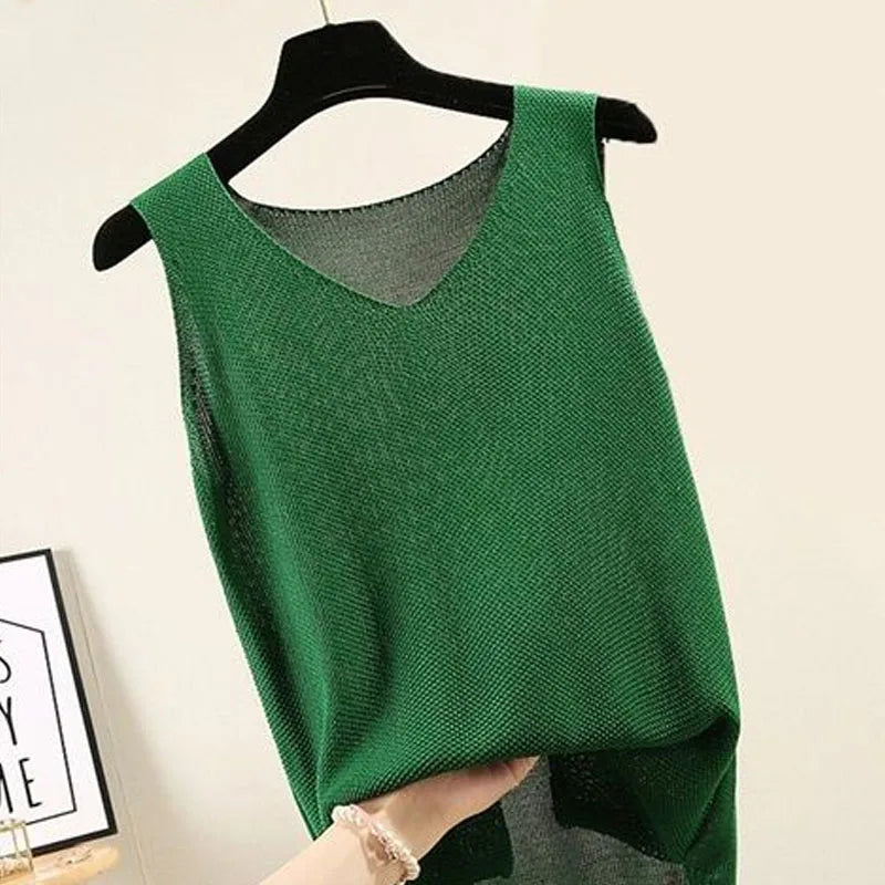 Sleeveless Knitted V-Neck Blouse for Women – Summer Casual Straight-Fit Top