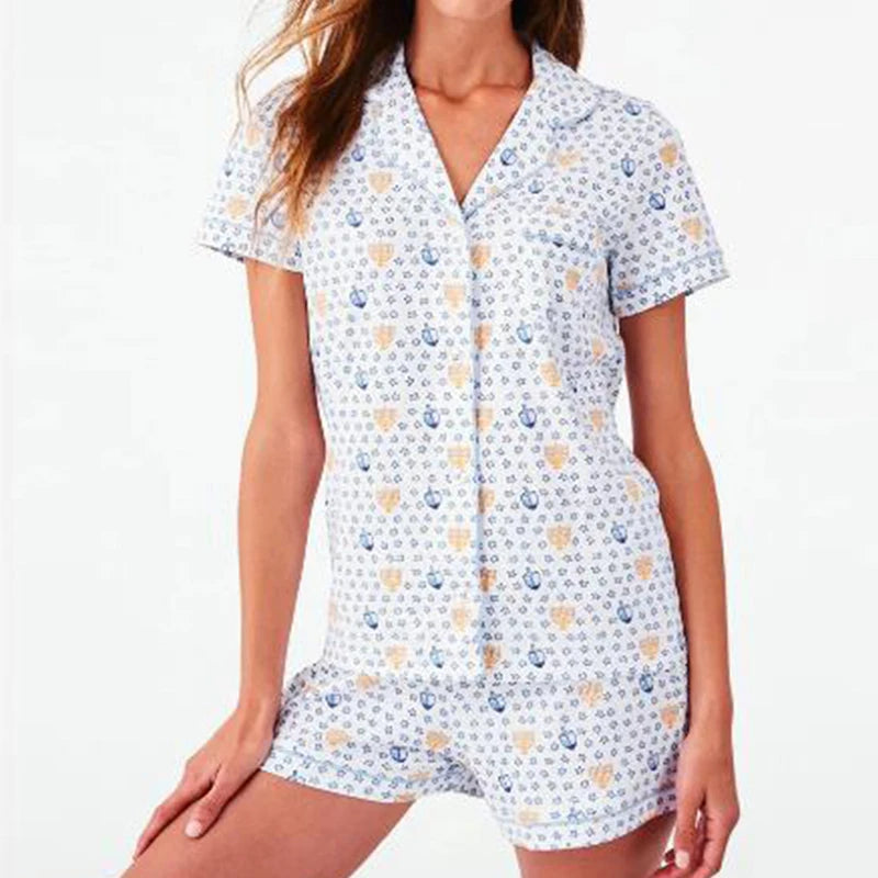 Women's Y2K Cute Animal Print Pajama Set – Short Sleeve Button-Up Shirt and Matching Shorts for Autumn Loungewear