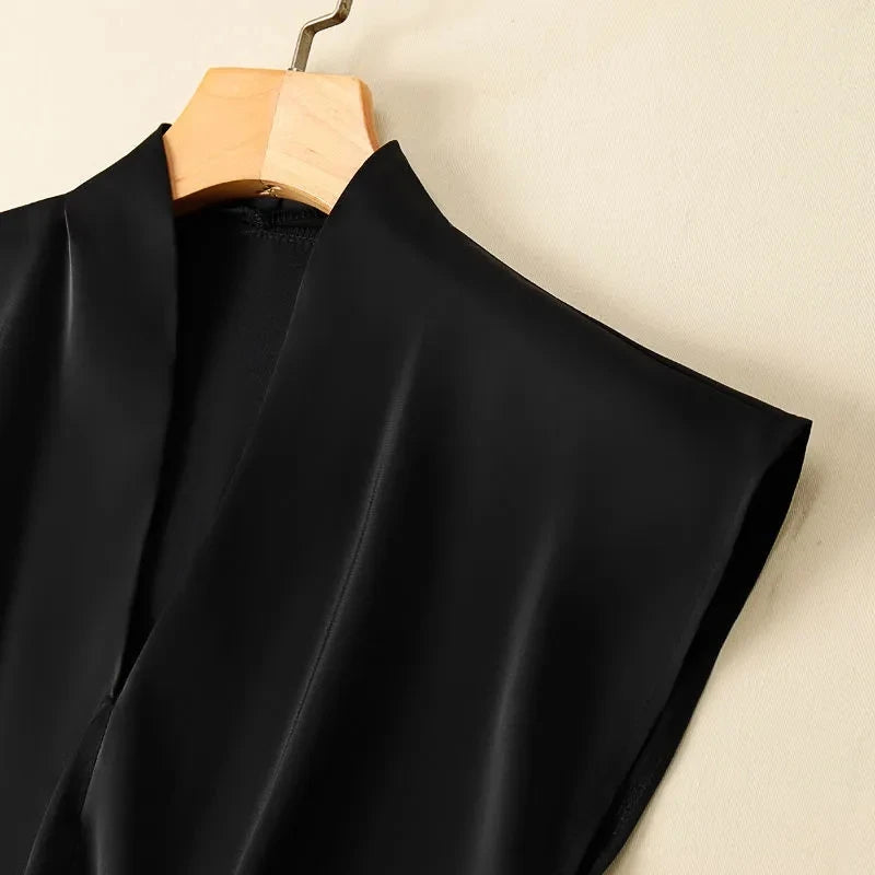 Silk-Blend Coffee V-Neck Sleeveless Blouse – Chic Casual Pullover for Women, Summer Korean Fashion