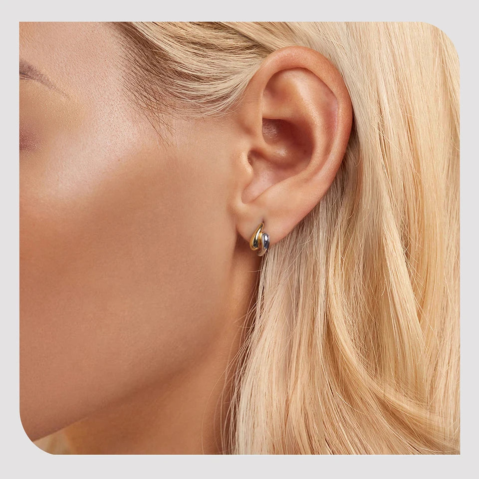 Two-Tone Waterdrop Hoop Earrings – 14K Gold & 925 Sterling Silver Chunky Twisted Link Style for Women