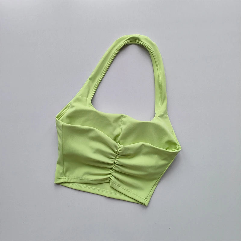 Women's Pleated Halter Sports Bra – Padded, Backless, Stylish Summer Activewear