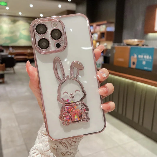 Cartoon Bear Glitter Quicksand Case for iPhone 7/8 Plus/X/XS/XR/11/12/13/14/15/16 Series – Transparent TPU Cover with Plating and Camera Protection