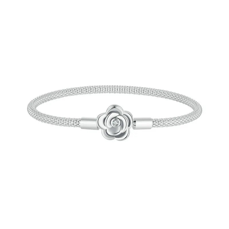 Sterling Silver Rose Buckle Charm Bracelet – 925 Silver Classic DIY Bead Chain for Women, 17CM/19CM/21CM