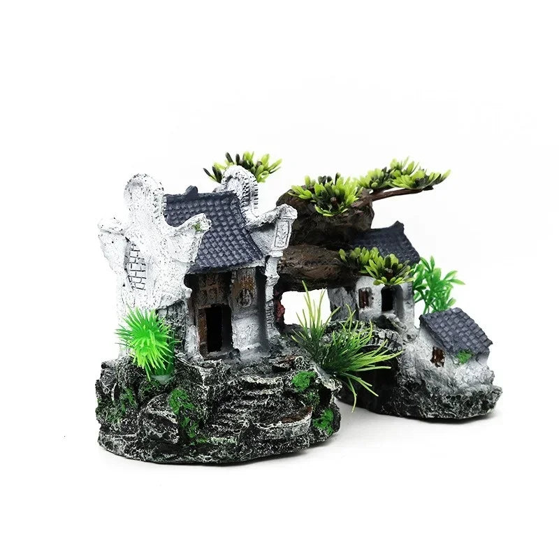 Ancient-Style Resin Landscape House Aquarium Decoration – Simulation Fish Tank Ornament for Aquascaping and Tank Design (299g / 335g)