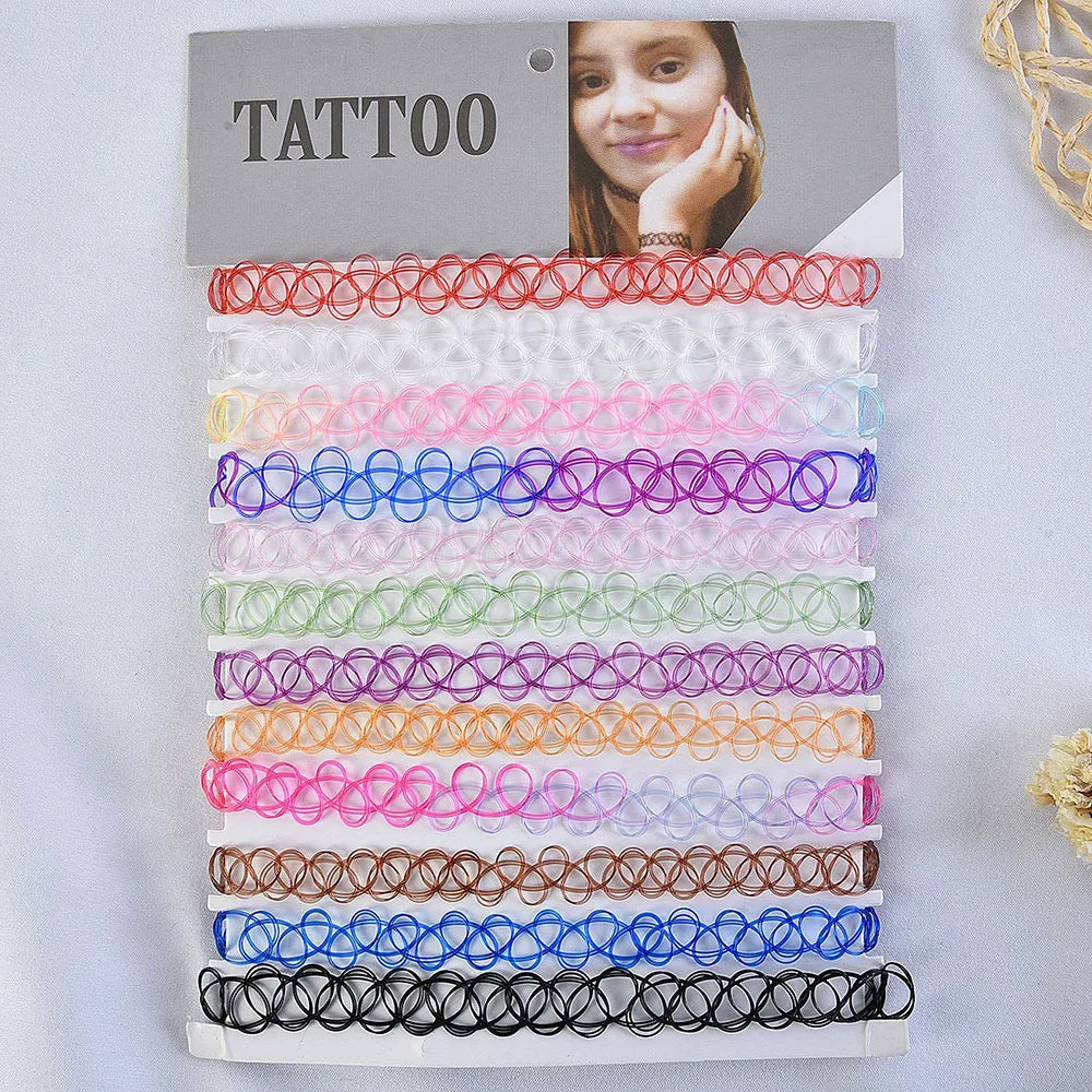 12-Piece Set Elastic Vintage Tattoo Choker Necklaces for Women – Stretchy Punk Style Neck Accessories