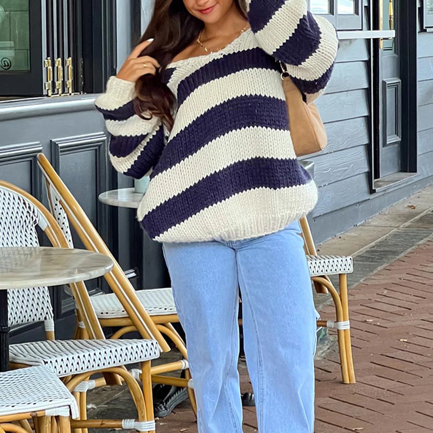 Women's Striped Chunky Knit Oversized Sweater – Drop Shoulder V-Neck Long Sleeve Pullover for Autumn and Winter Vintage Style