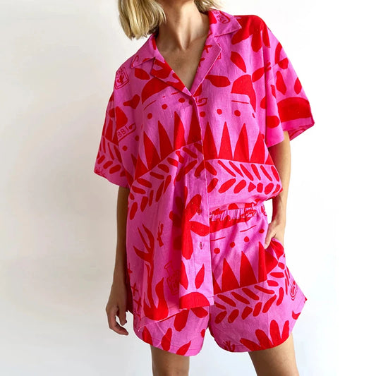 Women's Bohemian Graphic Print 2-Piece Lounge Set – Loose Button-Up Blouse and Elastic Waist Shorts for Summer Beachwear