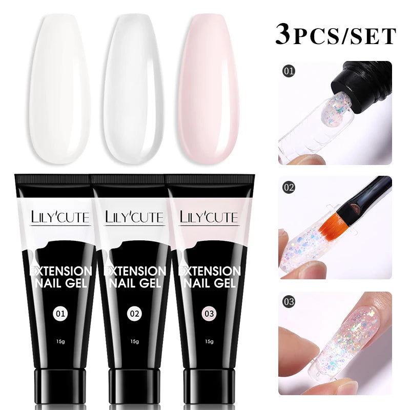 15ml Nail Extension Gel Kit – Soak Off UV Acrylic Gel in White, Clear & Pink for Home or Salon Nail Art