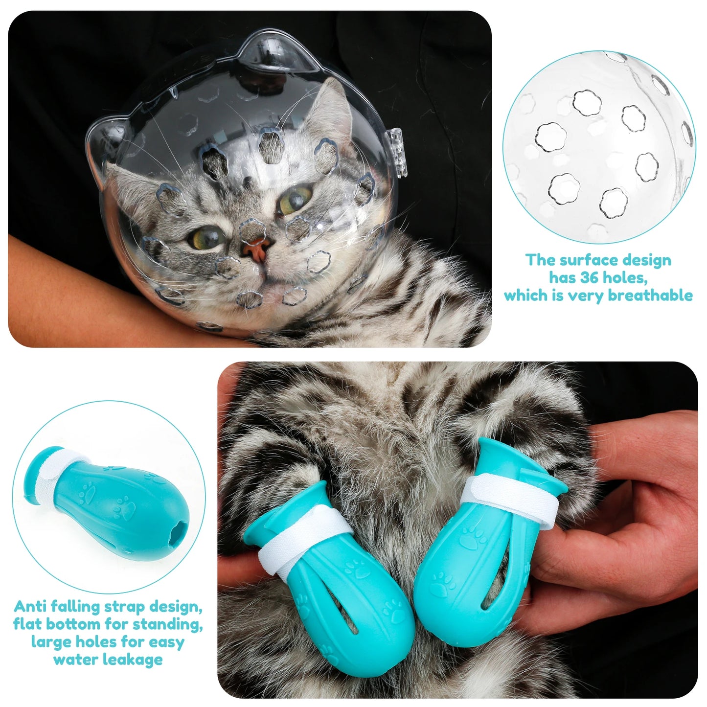 1/2Pcs Cat Muzzle with 4 Silicone Paw Shoes – Anti-Bite, Anti-Licking Pet Grooming Helmet Hood with Breathable Design