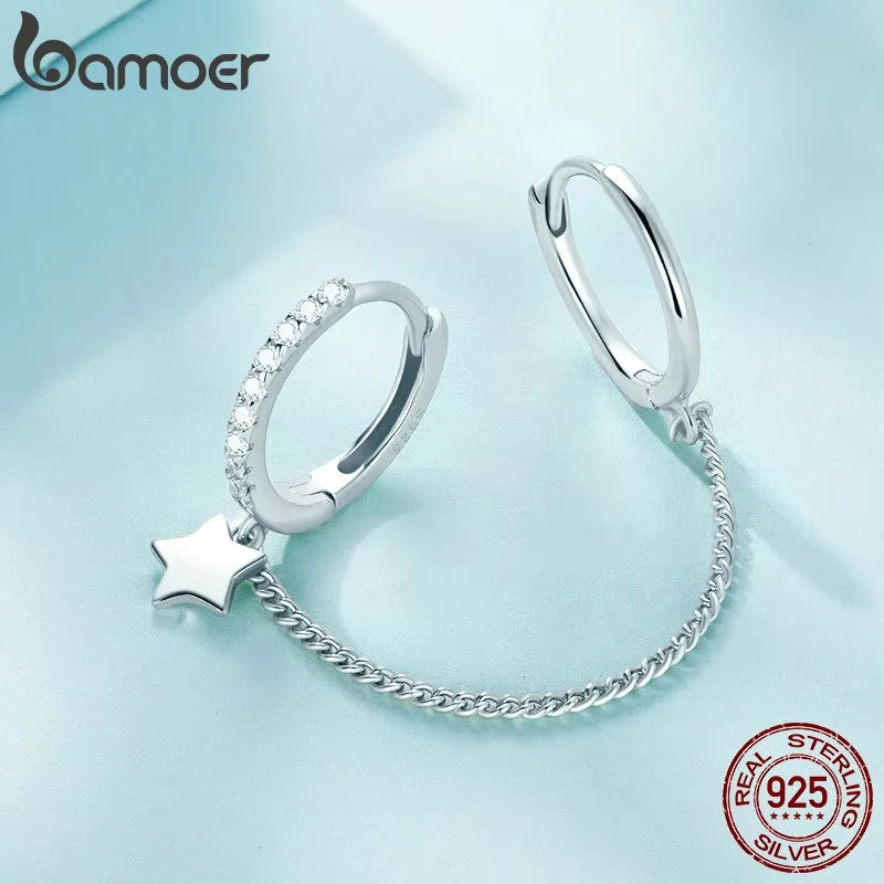 Sterling Silver Mono Double Hoop Chain Earring – Star Statement Design for Women & Teen Girls (Single Piece)