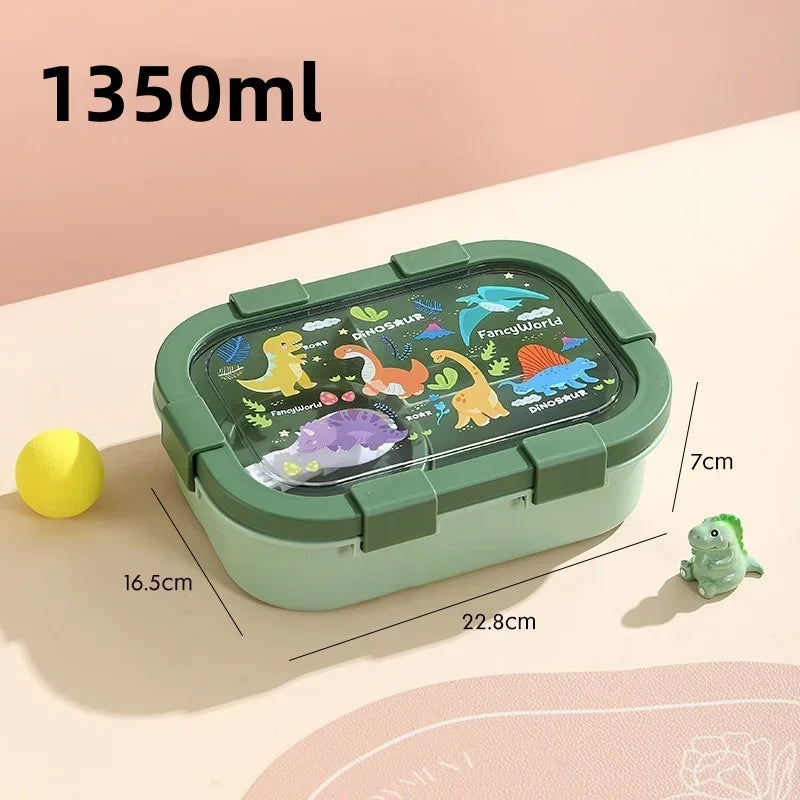 Cartoon Compartment Lunch Box for Kids – Leakproof Bento with Soup Bowl and Utensils, Microwave-Safe Meal Storage