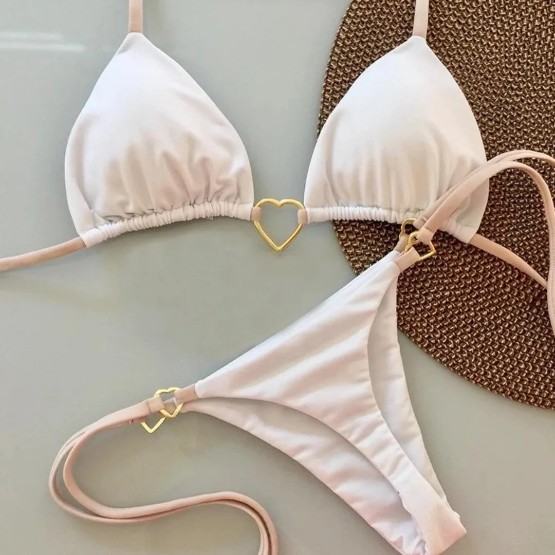White Solid Color Lace-Up Bikini Set – Fashionable Low-Waist Two-Piece Swimsuit for Women, Wire-Free Summer Beachwear