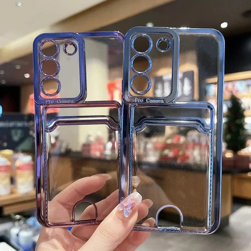 Transparent Card Holder Plating Case for Samsung Galaxy S24/S25/S23/S22/S21/S20 FE/Note 20 & A Series – Wallet TPU Cover with Lens Protection