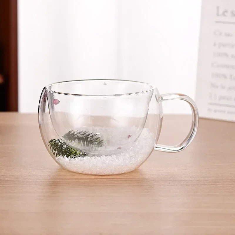 200/350ml Double Wall Glass Christmas Mug – Pine Leaf Snow Scene Coffee Cup, Heat-Insulated Holiday Drinkware