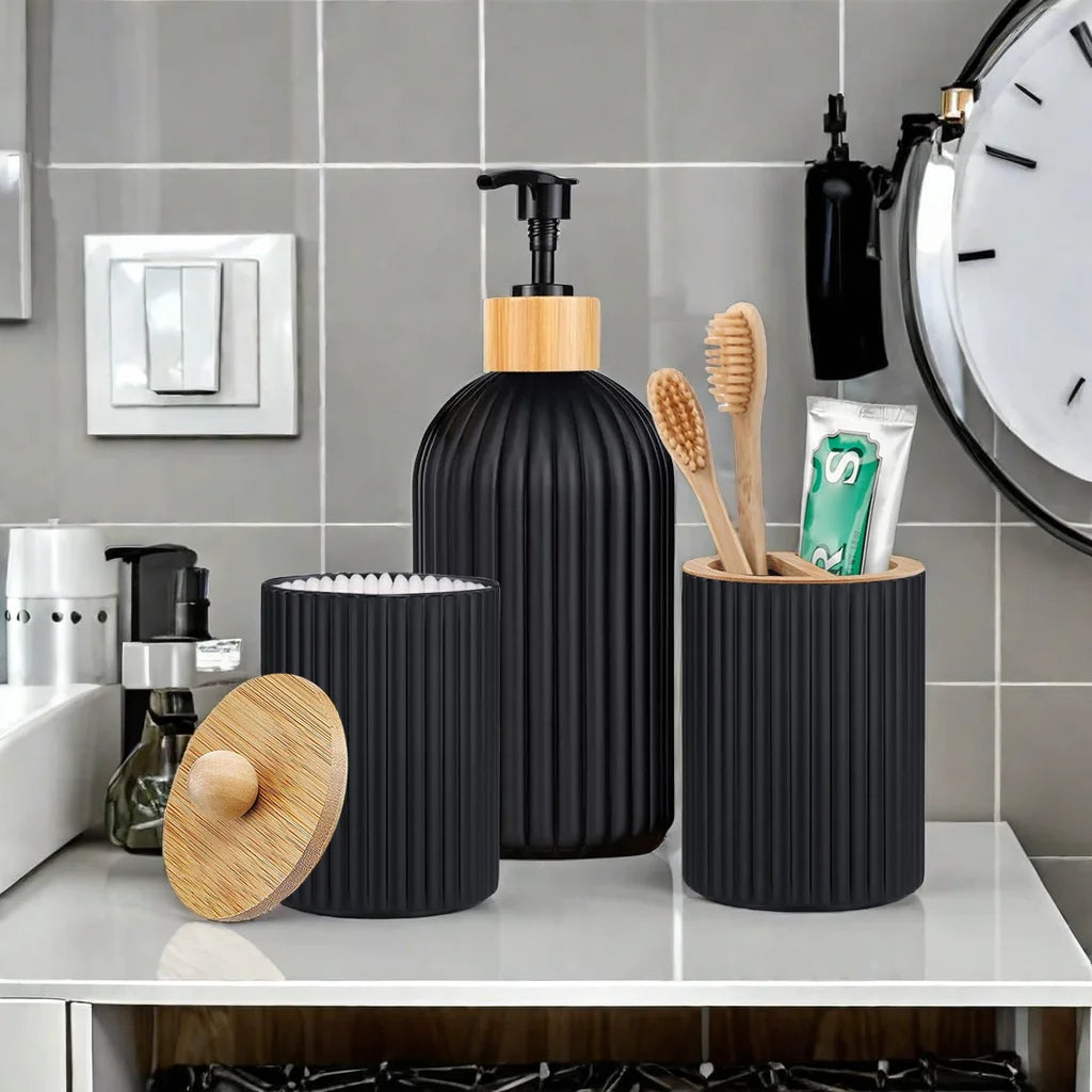 Bathroom Countertop Organizer – Hand Soap Dispenser, Cotton Ball Storage Box, and Toothbrush Holder with Bamboo Accents