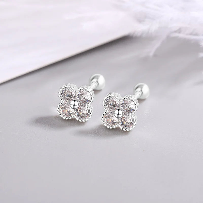 925 Sterling Silver Four-Round Zircon Stud Earrings for Women – Elegant Small Geometric Crystal Earrings for Party and Daily Wear