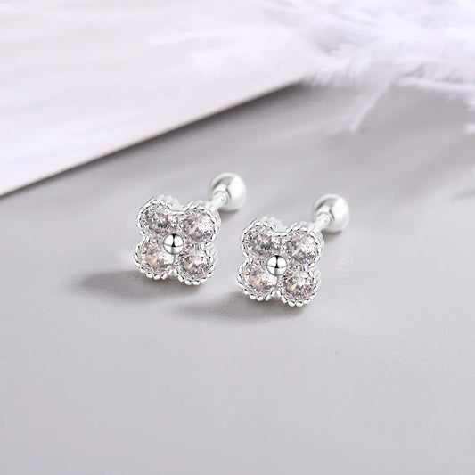 925 Sterling Silver Four-Round Zircon Stud Earrings for Women – Elegant Small Geometric Crystal Earrings for Party and Daily Wear
