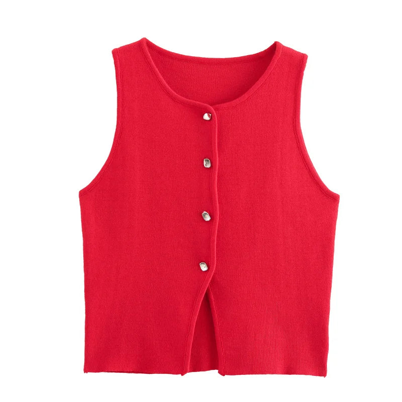 Slim Fit Knit Button Vest – Sleeveless Round Neck Solid Color Crop Top