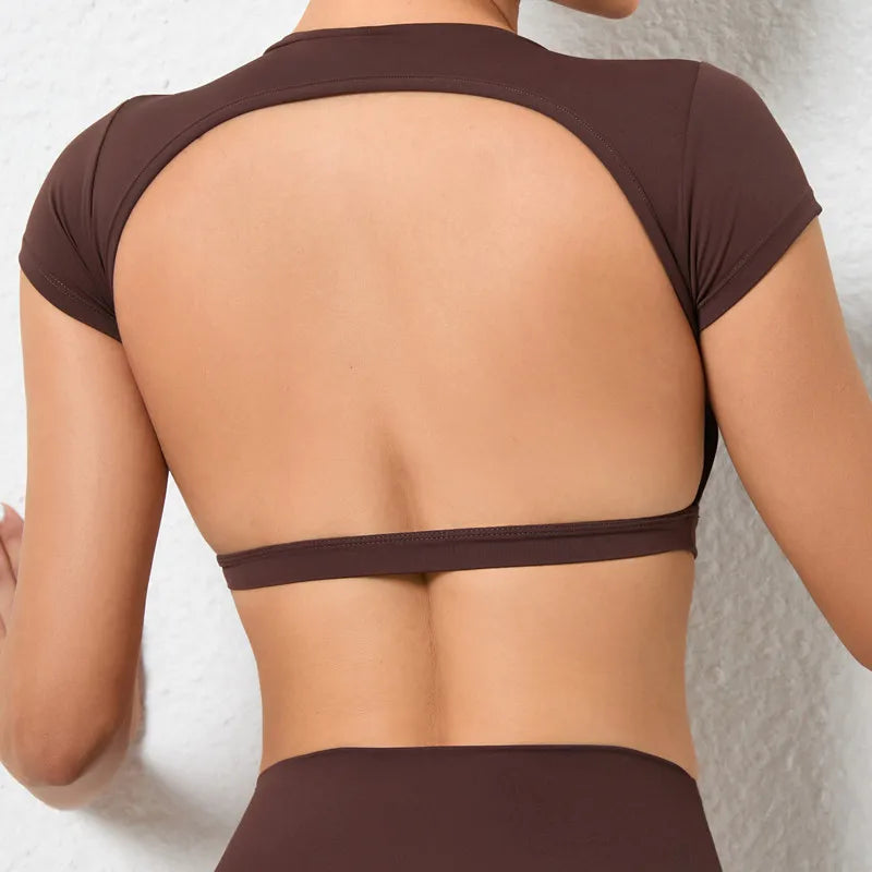 Backless Breathable Workout Crop Top – Short Sleeve Sports Shirt for Women