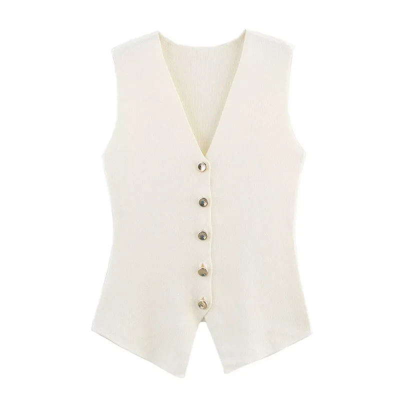 Women's Elegant V-Neck Sleeveless Knit Waistcoat – Button-Up Vest Jacket for Spring & Summer