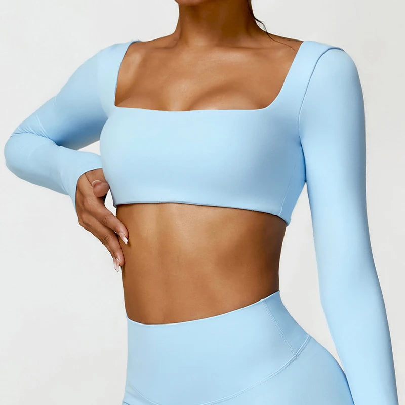 Square Neck Long Sleeve Sports Crop Top – Quick-Dry Yoga & Training Shirt for Women