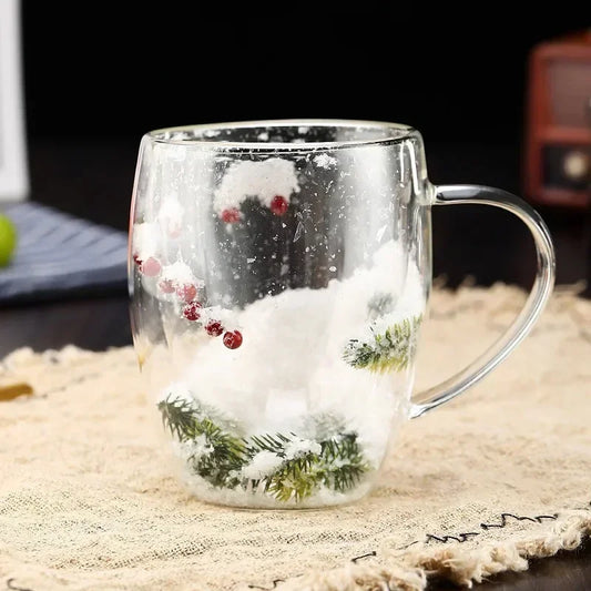 200/350ml Double Wall Glass Christmas Mug – Pine Leaf Snow Scene Coffee Cup, Heat-Insulated Holiday Drinkware