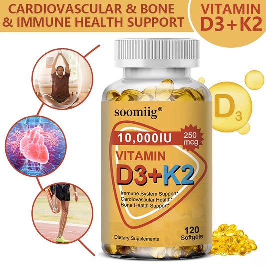 Vitamin D3 & K2 Supplement – 10,000 IU for Immune Support, Bone Strength, Heart Health, Hair, Skin & Nails – 120 Capsules