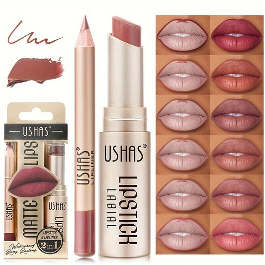 USHAS 12-Color Matte Lipstick & Lip Liner Set – Long-Lasting, Waterproof, Non-Stick Cup Makeup Kit