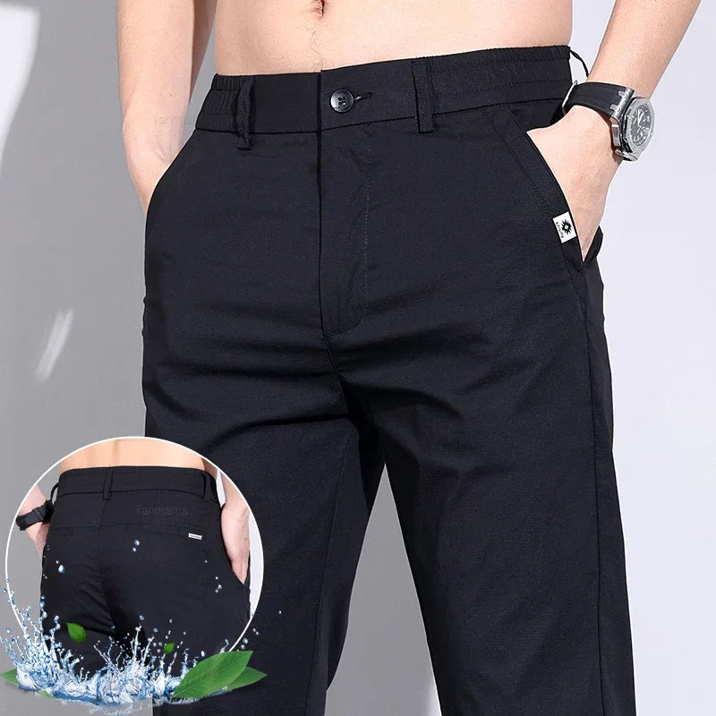 Ultra-Thin Ice Silk Men's Summer Business Pants – Slim Fit Stretch Straight Trousers with Pockets