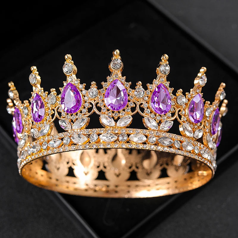 Baroque Round Rhinestone Wedding Crown – Vintage Crystal Tiara Headpiece for Bridal, Queen, or Pageant Looks