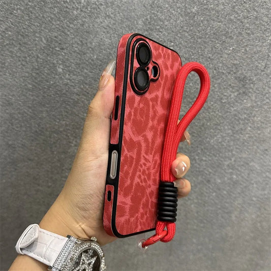 Cartoon Leopard Print Leather Case for iPhone 11/12/13/14/15/16 Series – Matte Cover with Wrist Strap, Lanyard, and Camera Lens Protection