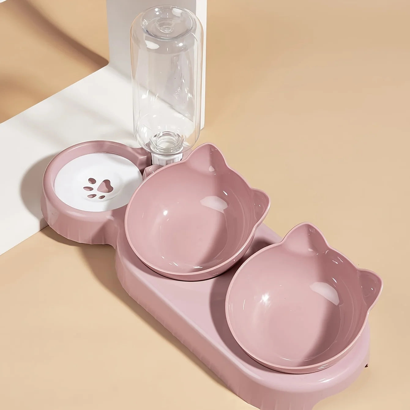 3-in-1 Tilted Cat Food and Water Bowl Set with Gravity Water Feeder – Ergonomic Raised Design for Neck Protection