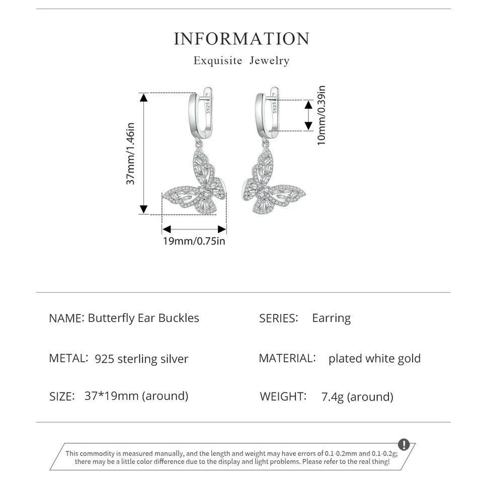 Sterling Silver CZ Butterfly Hoop Earrings – Elegant Dangle Charm Drop Earrings for Women and Girls